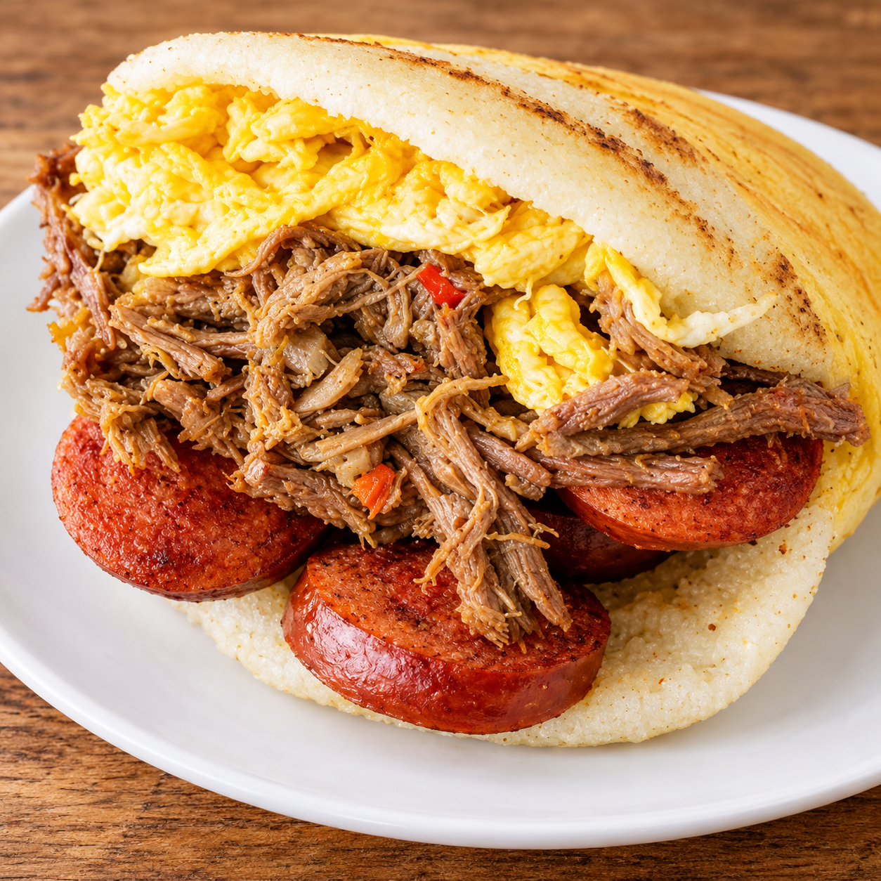 arepa rellena de carne y chorizo
