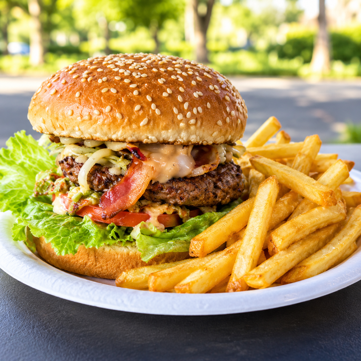 hamburguesa gourmet con patatas al aire libre